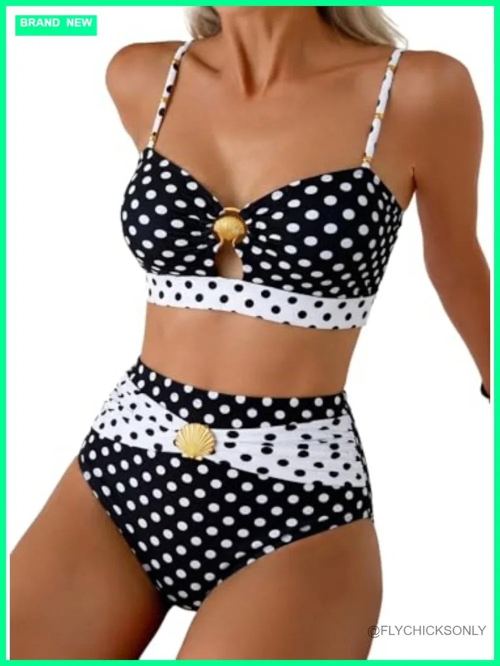 Women's High Waisted Bikini Set with Seashell Ring, Ruched Push Up Top